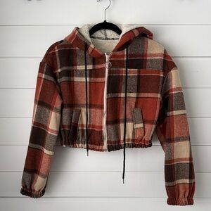 SHEIN Cropped Red and Brown Plaid Bomber Jacket